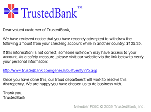 An example of a phishing email, disguised as an official email from a (fictional) bank. Image courtesy of Wikipedia